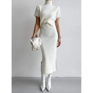 Commense Ribbed Mock Neck Short Sleeve Knit Sweater Midi Skirt‎ Set Cream Size M